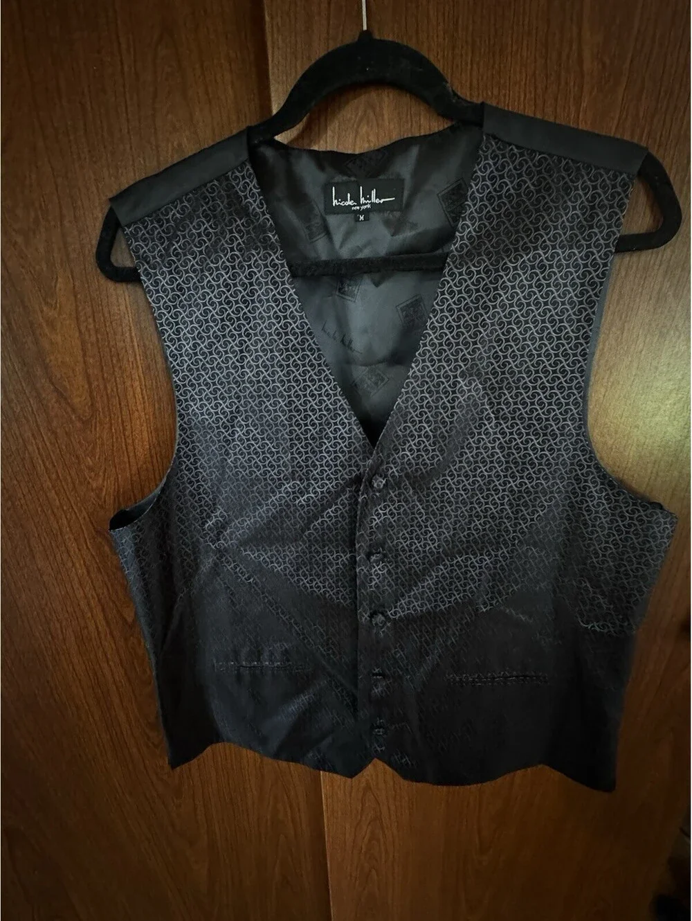 Nicole Miller Mens M 100% Silk Front Formal Tuxedo Vest Black Jacquard Waistcoat